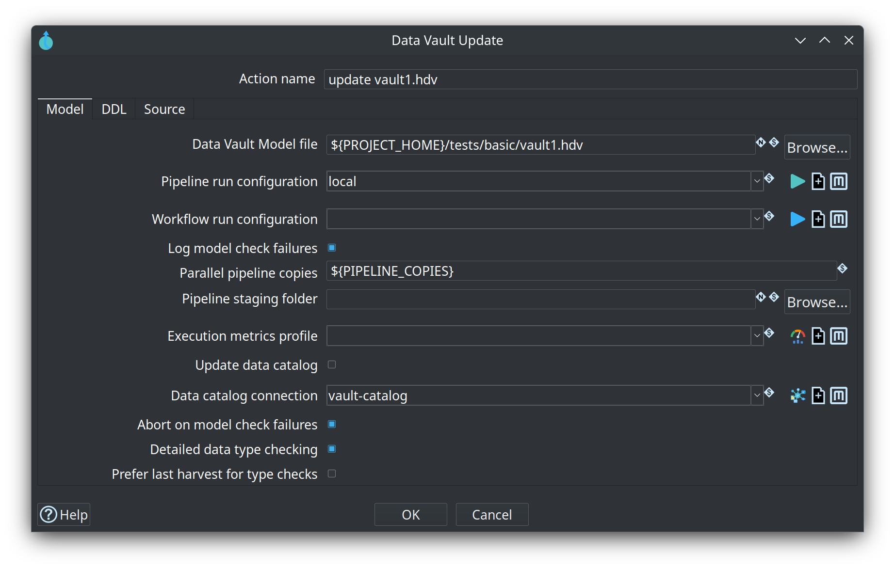 Data Vault Update action dialog