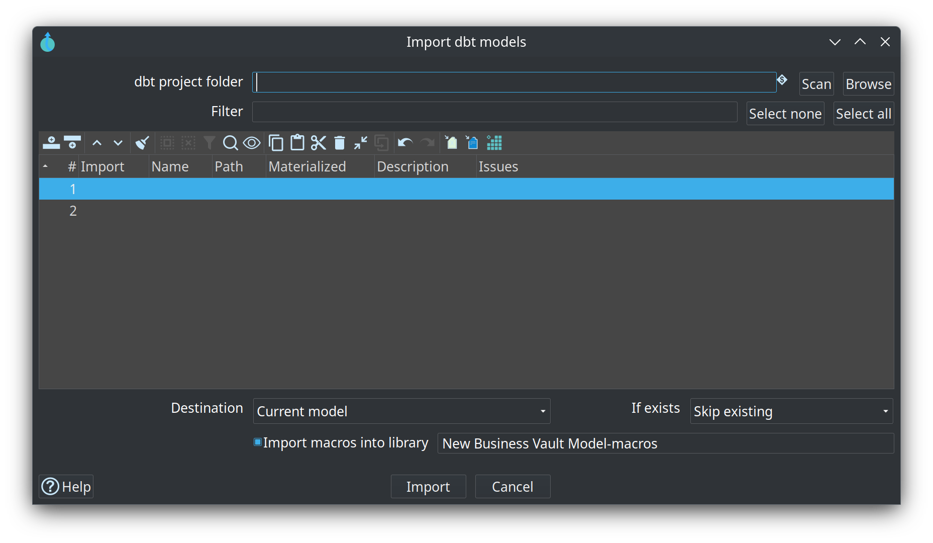 Import dbt models dialog — project folder