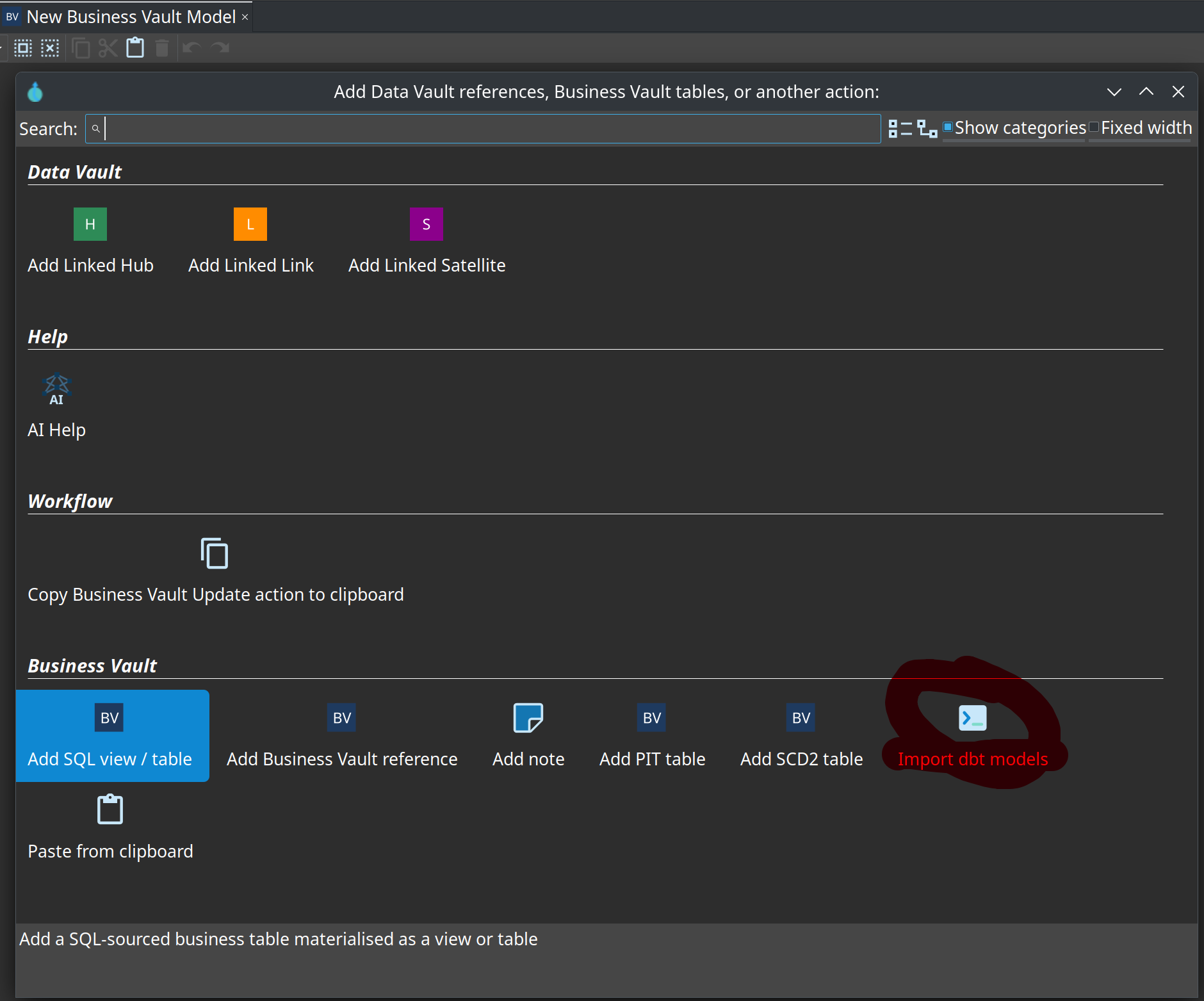 Business Vault canvas context menu with Import dbt models circled