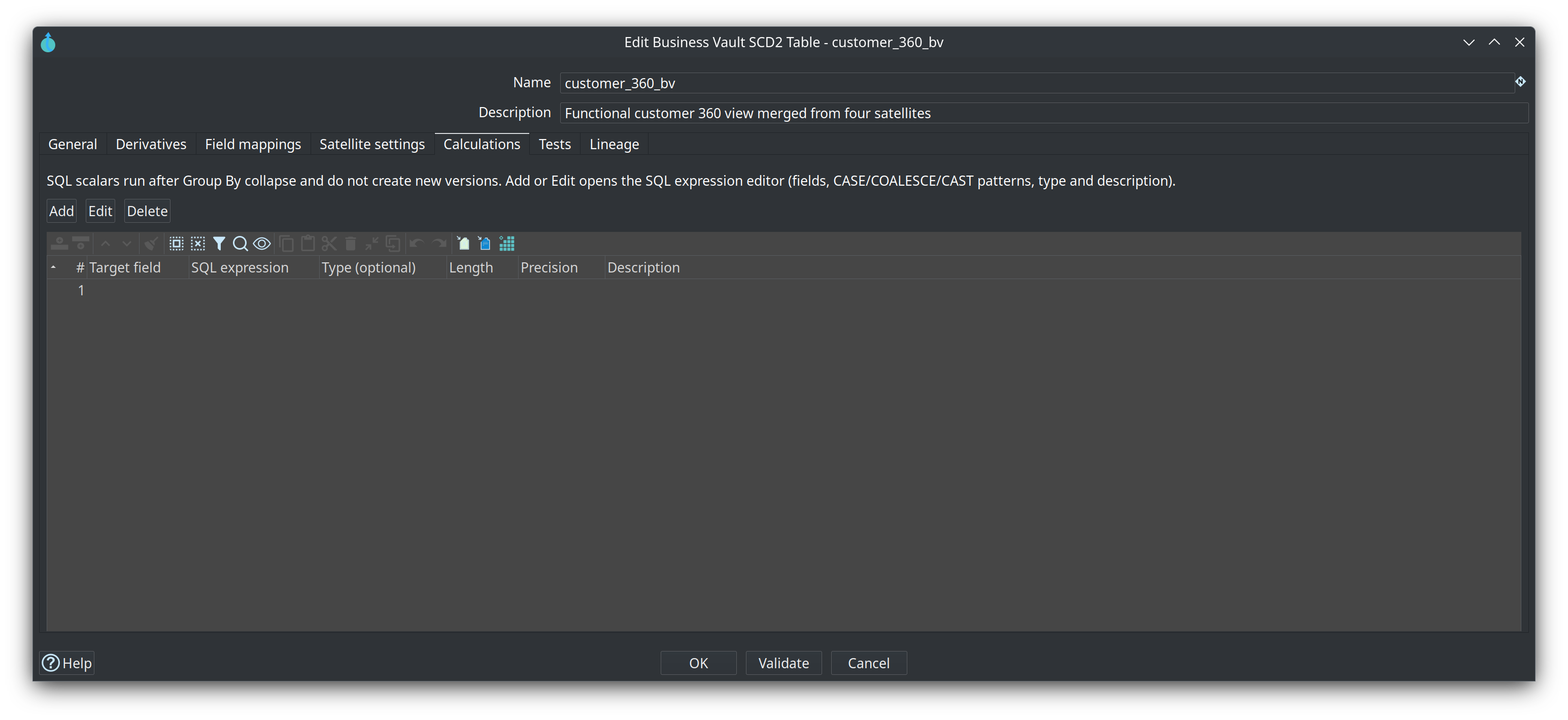 SCD2 table dialog — Calculations tab on customer_360_bv