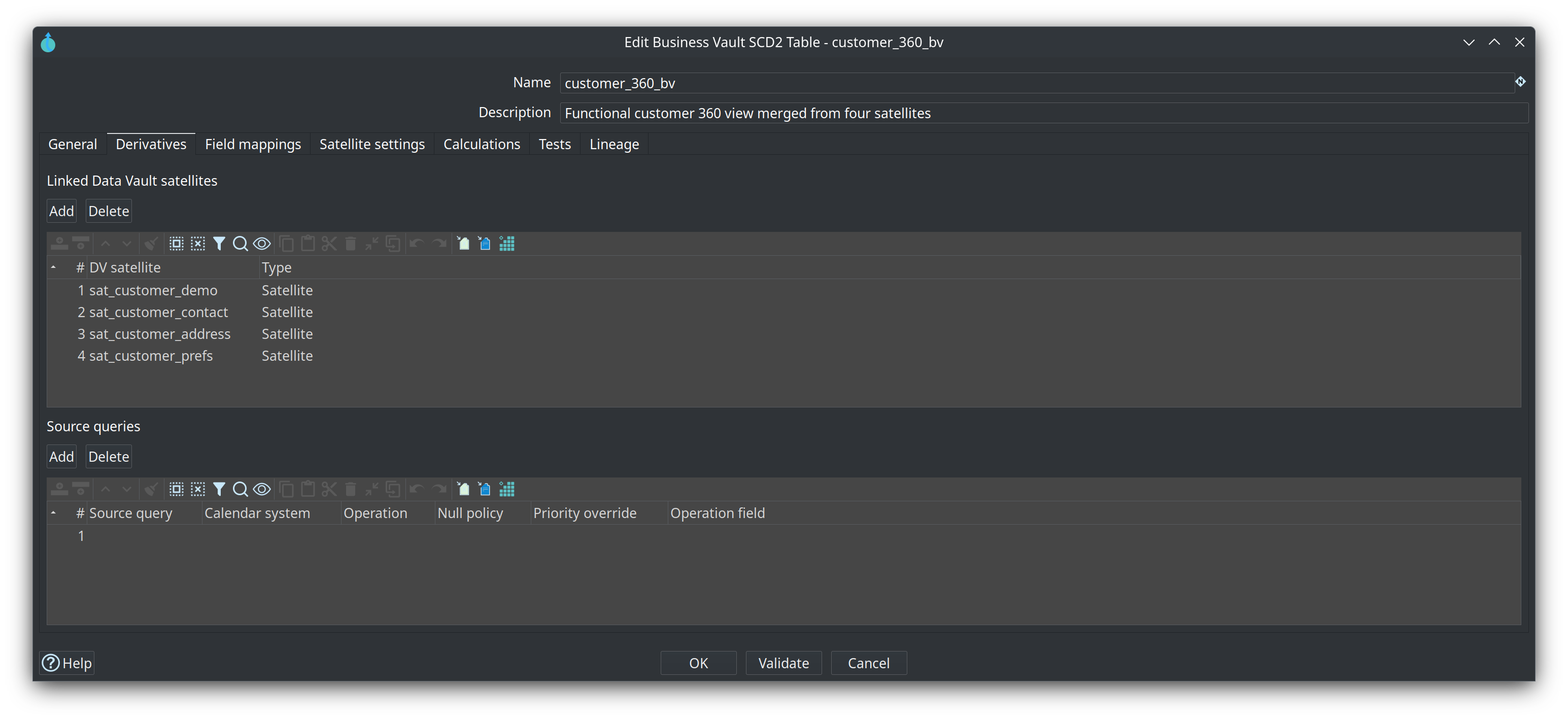 SCD2 table dialog — Derivatives tab with sat_customer_demo