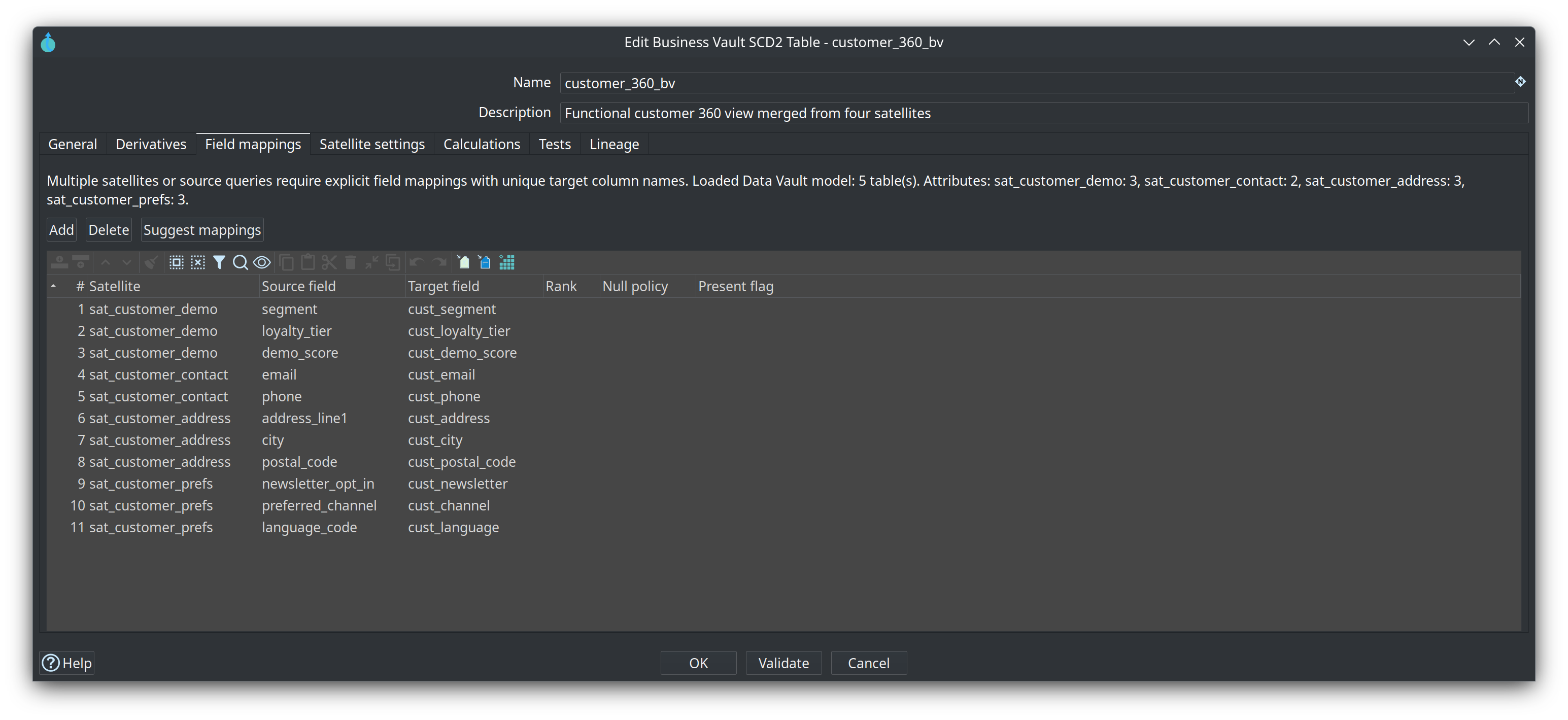 SCD2 table dialog — Field mappings tab