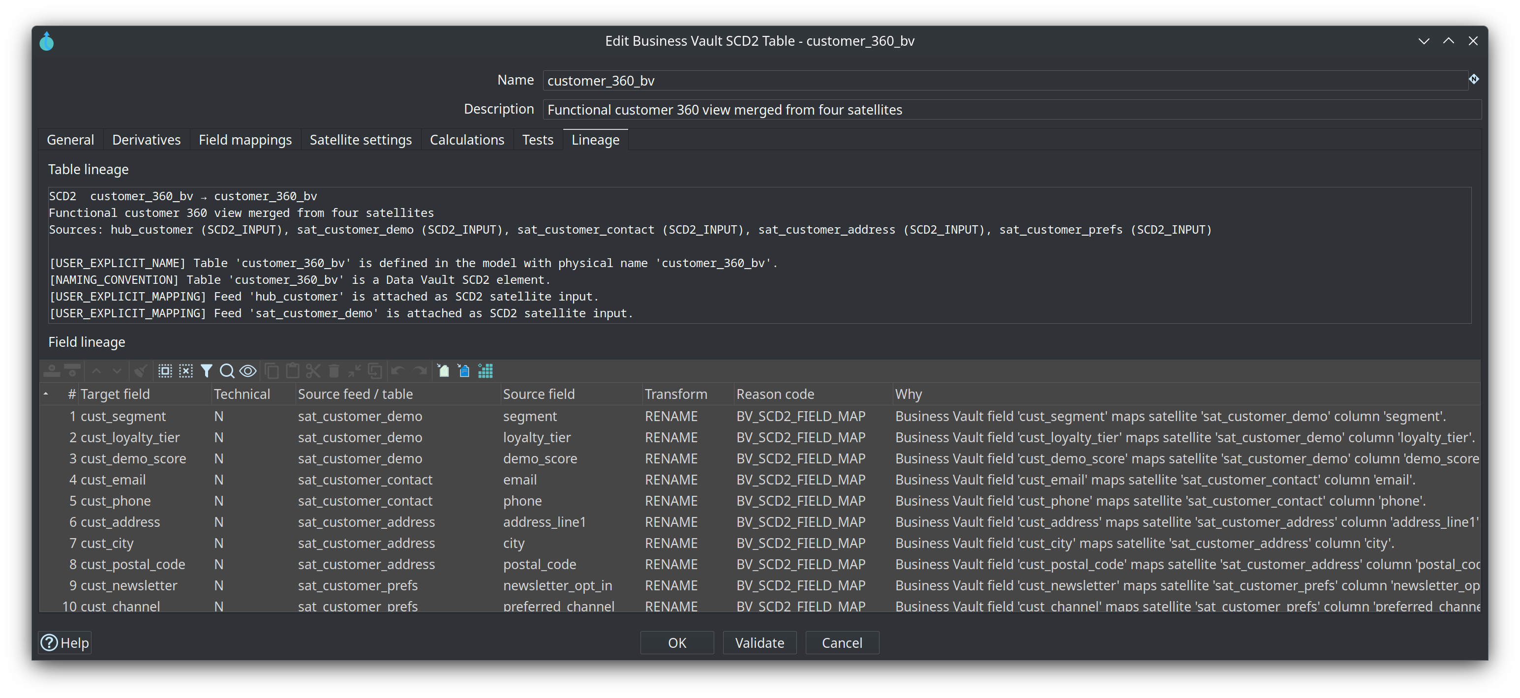 SCD2 table dialog — Lineage tab