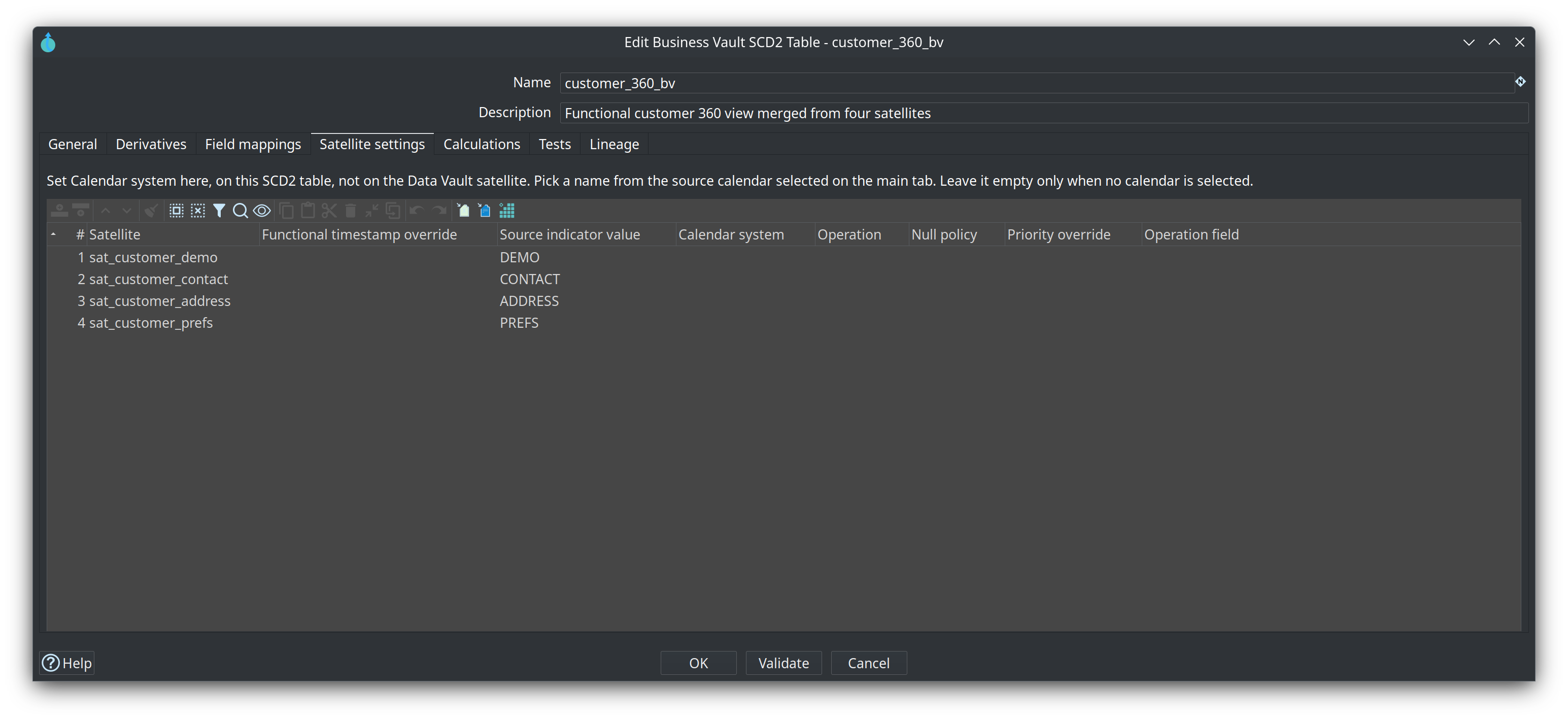 SCD2 table dialog — Satellite settings tab
