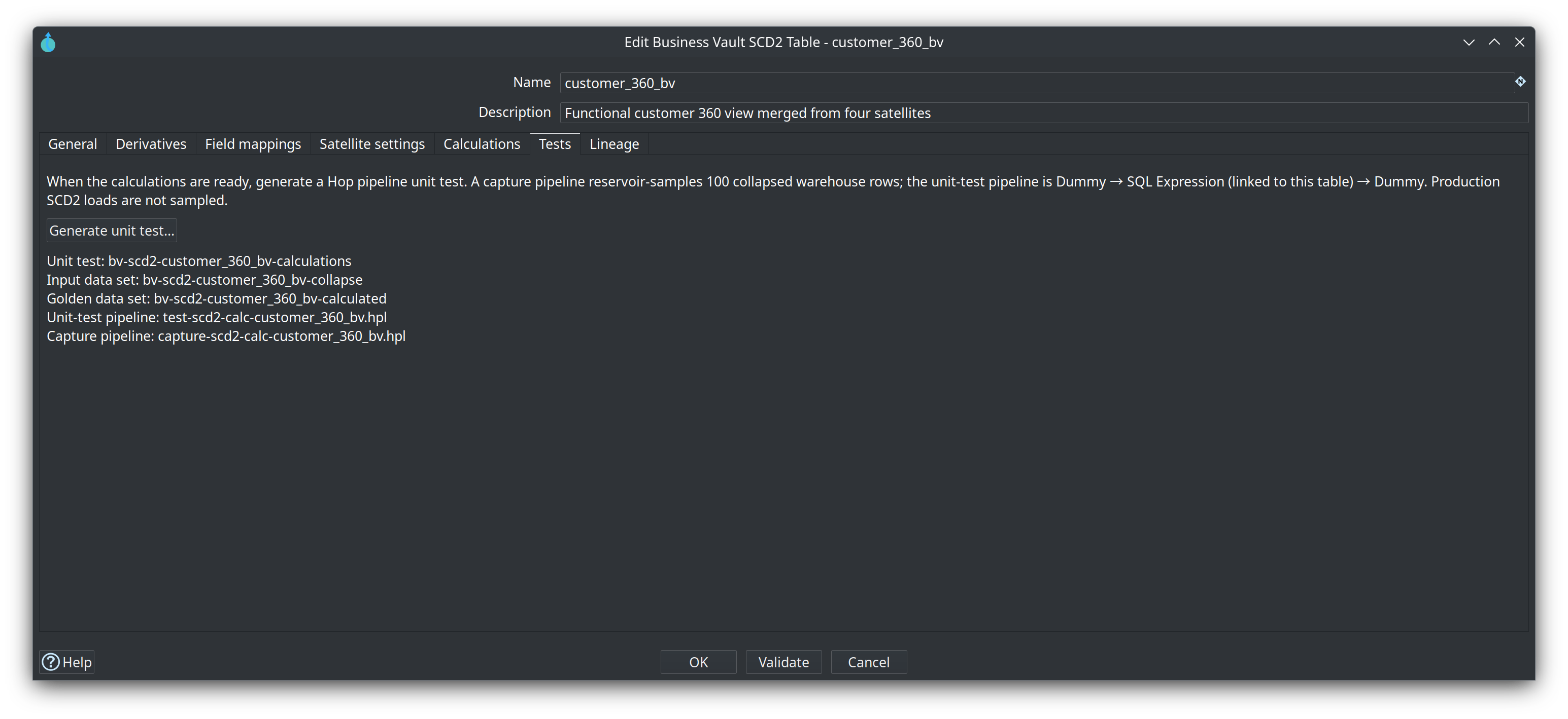 SCD2 table dialog — Tests tab for customer_360_bv