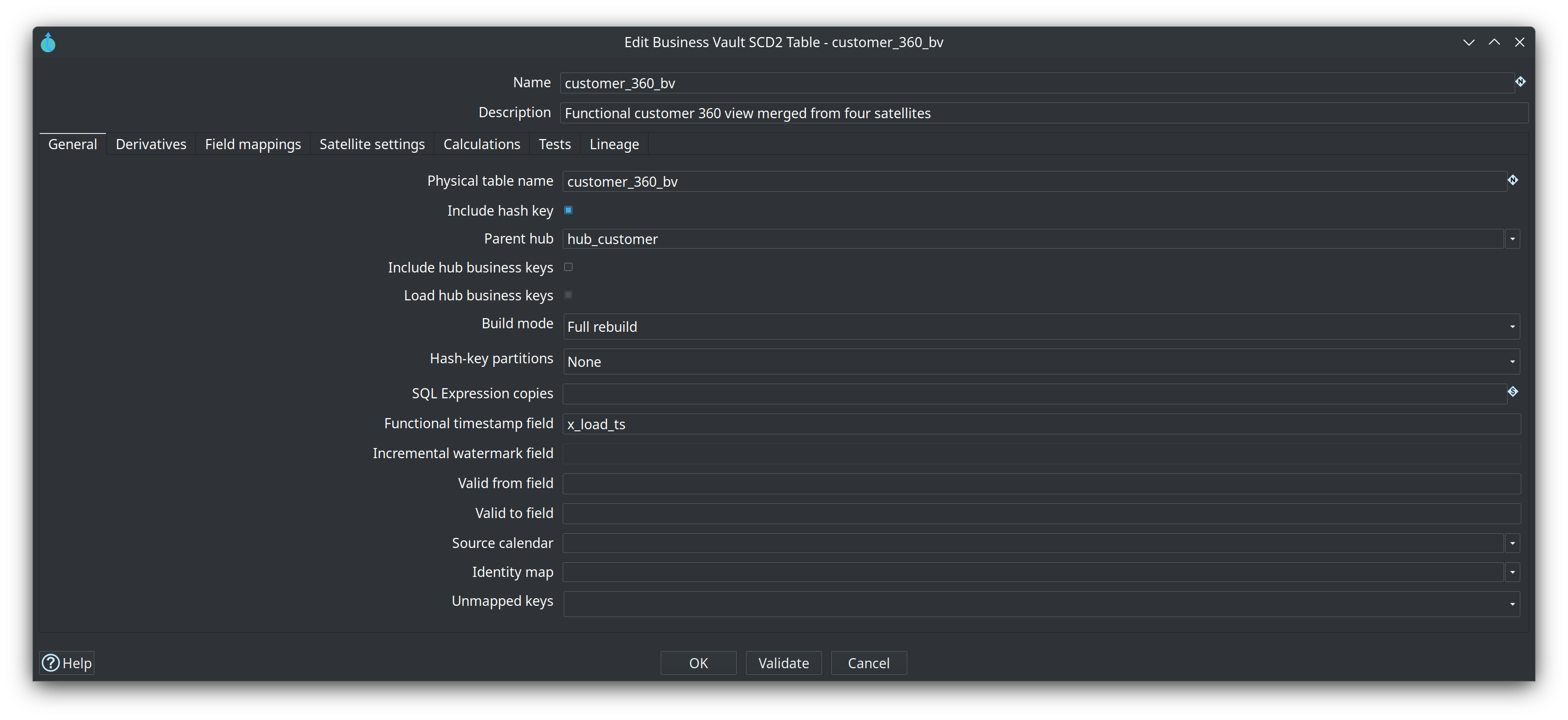 SCD2 table dialog — General tab