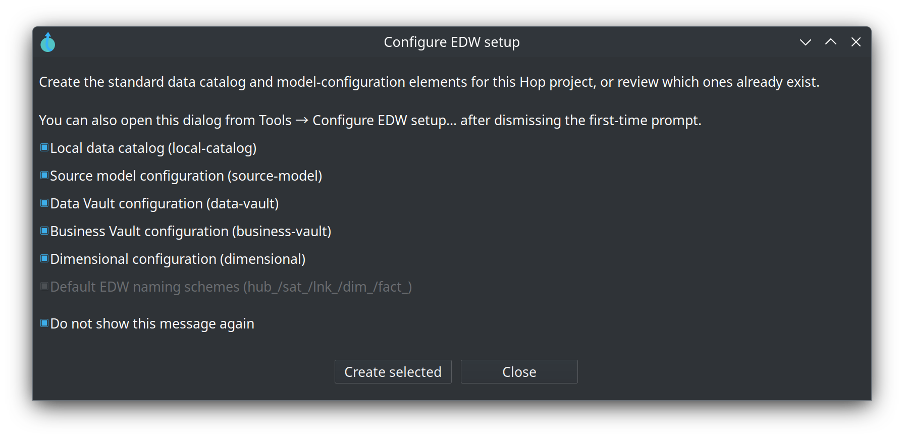 Configure EDW setup — standard catalog and model-configuration elements