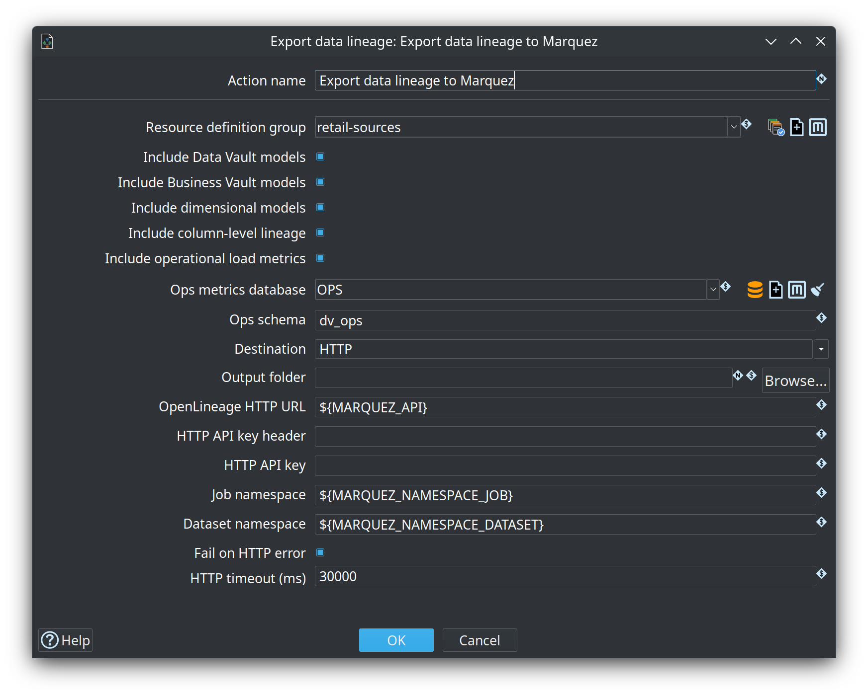 Export data lineage action dialog