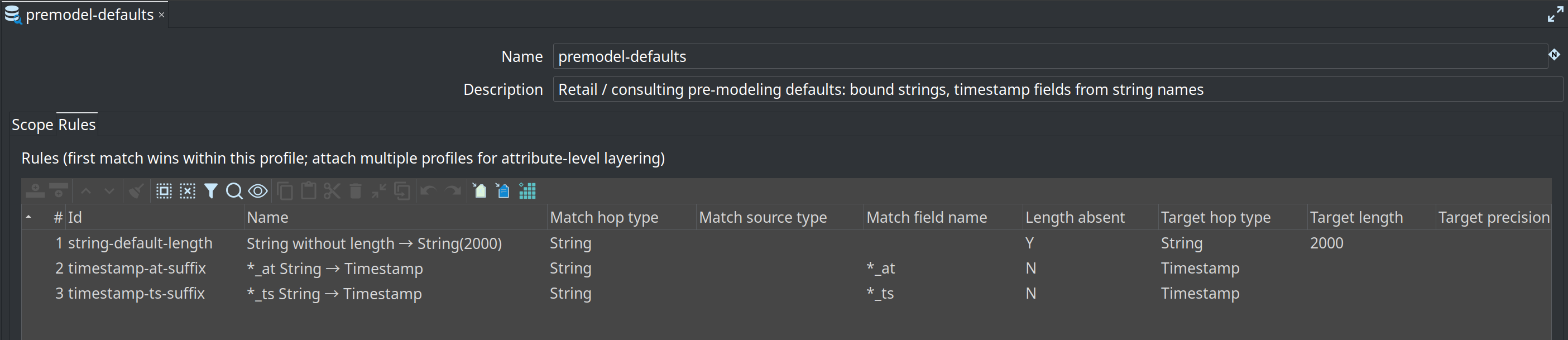 Data type mapping metadata editor — Rules tab with match criteria and target conversion columns