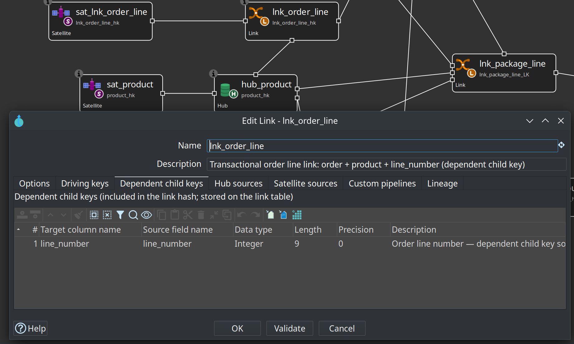 Edit Link dialog for lnk_order_line — Dependent child keys tab with line_number
