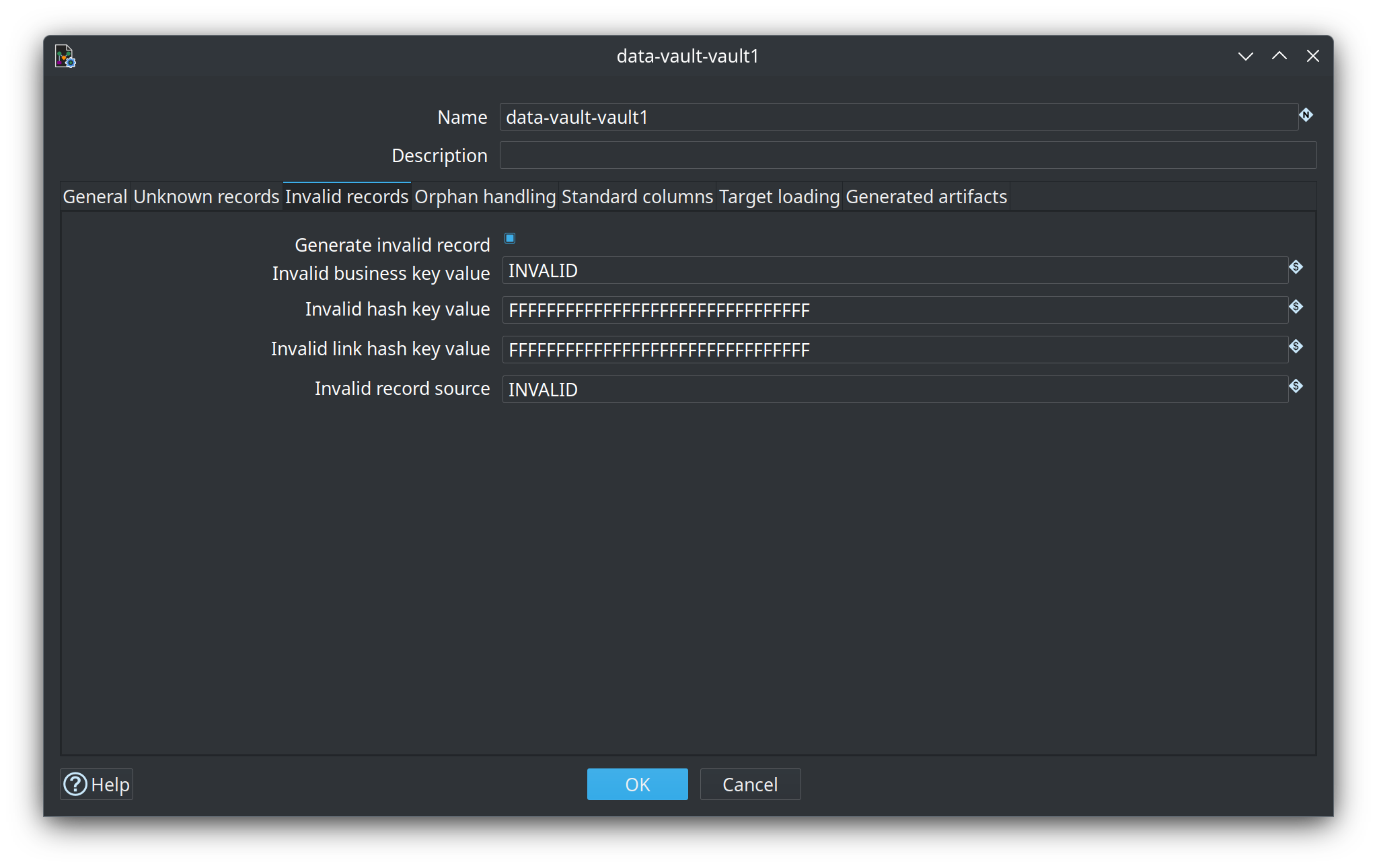 Data Vault configuration data-vault-vault1 — Invalid records tab