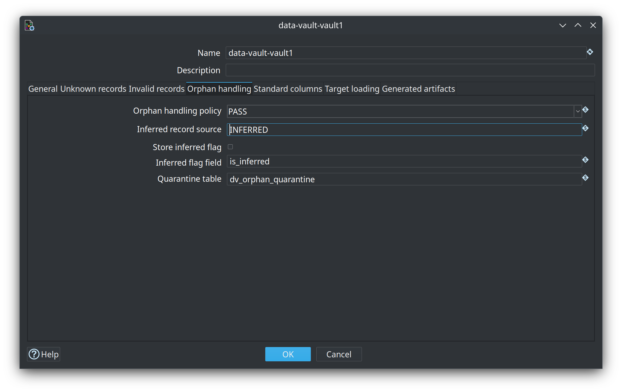 Data Vault configuration data-vault-vault1 — Orphan handling tab