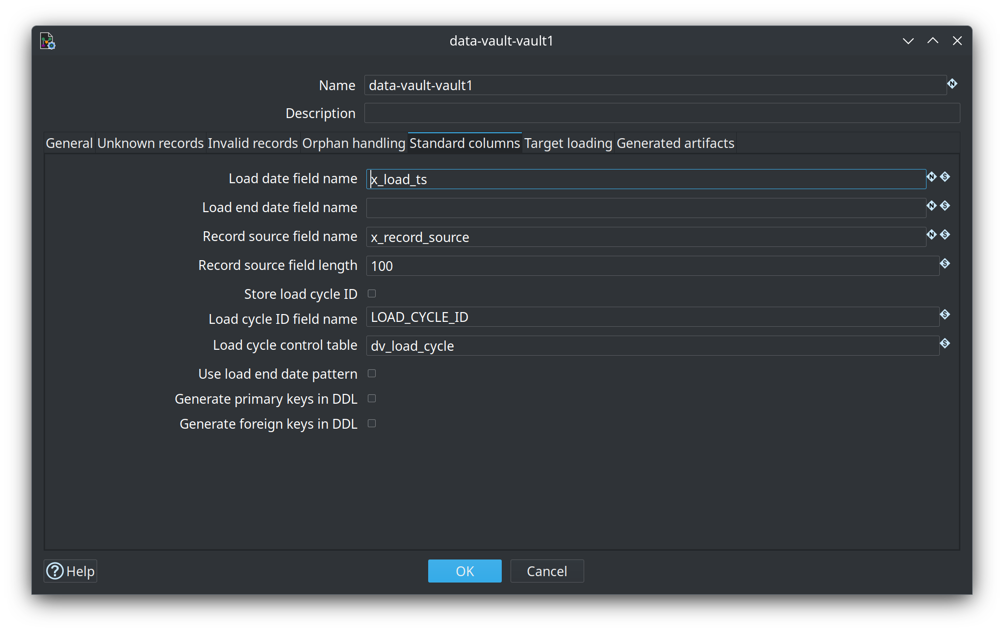 Data Vault configuration data-vault-vault1 — Standard columns tab