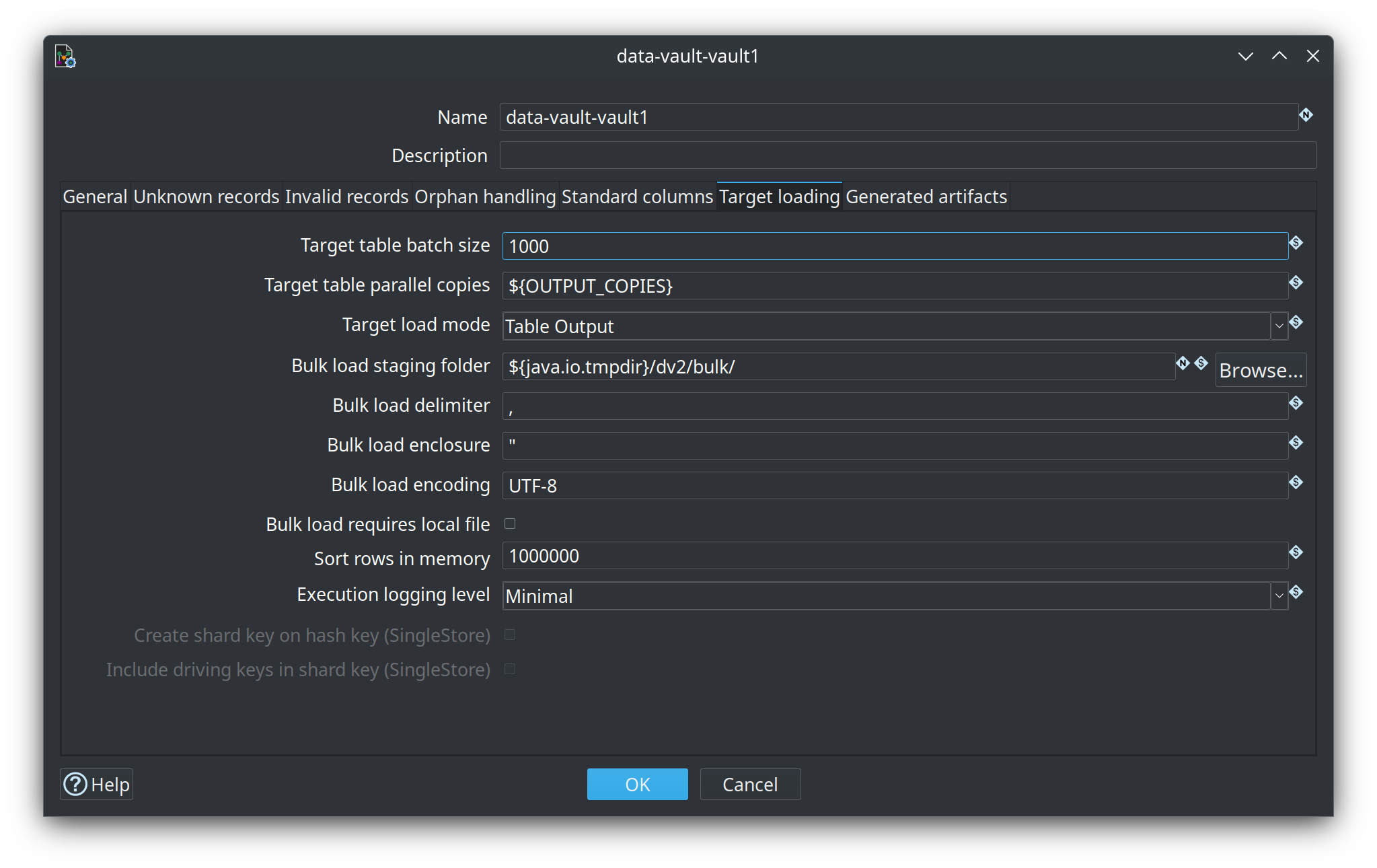 Data Vault configuration data-vault-vault1 — Target loading tab