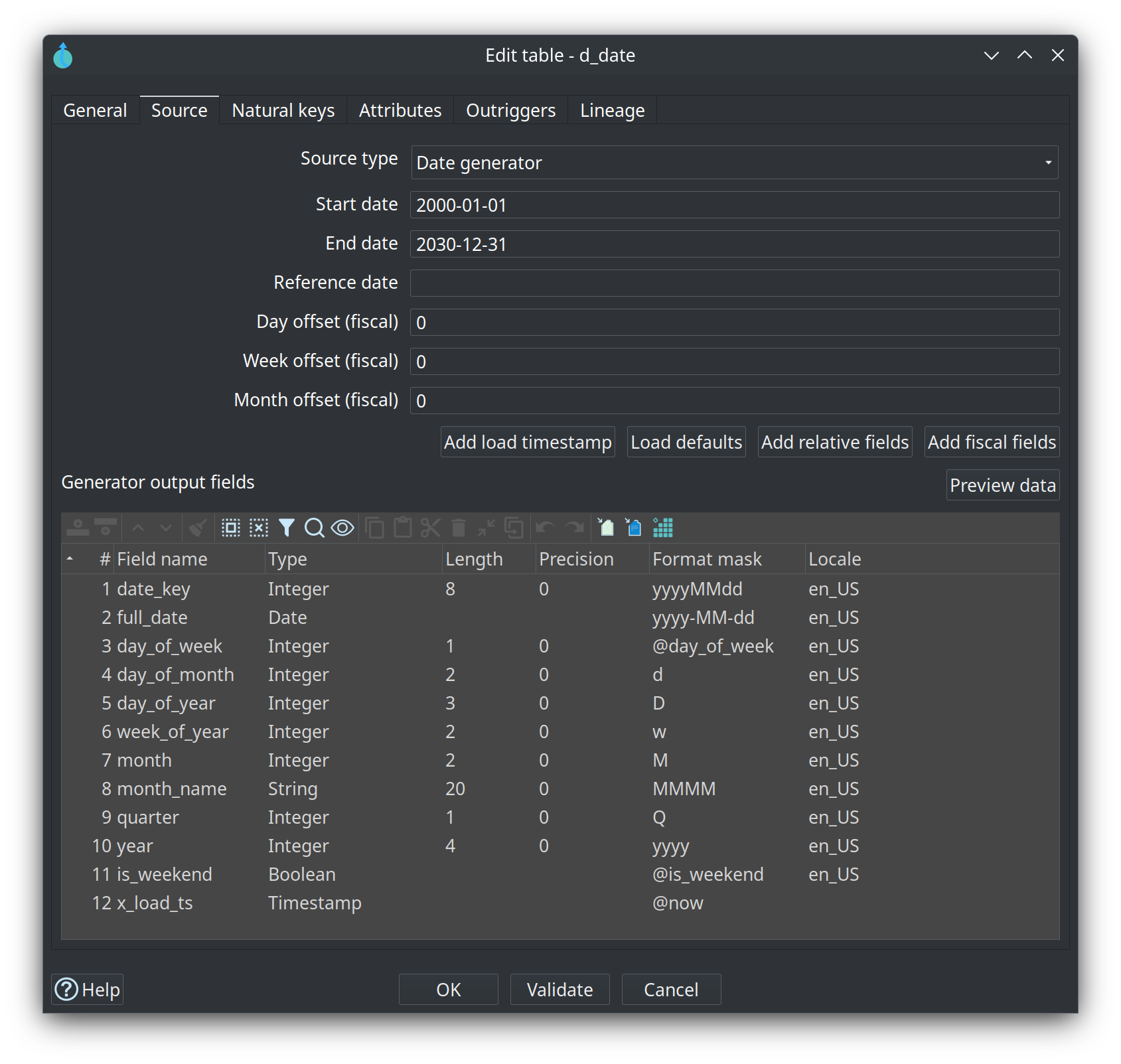Dimensional model — date dimension Source tab with Date generator