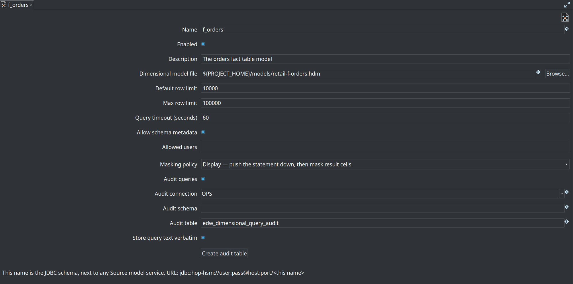 Dimensional model service f_orders. The model file is retail-f-orders.hdm