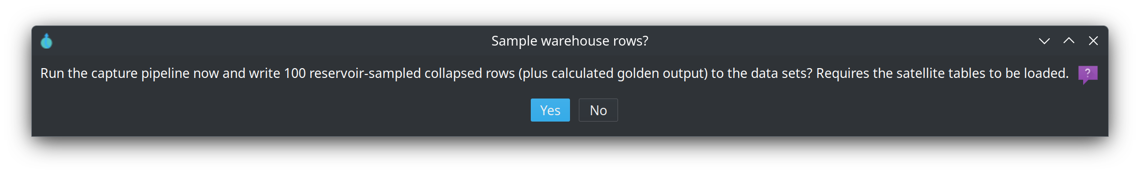 Sample warehouse rows confirmation — 100 reservoir-sampled collapsed rows