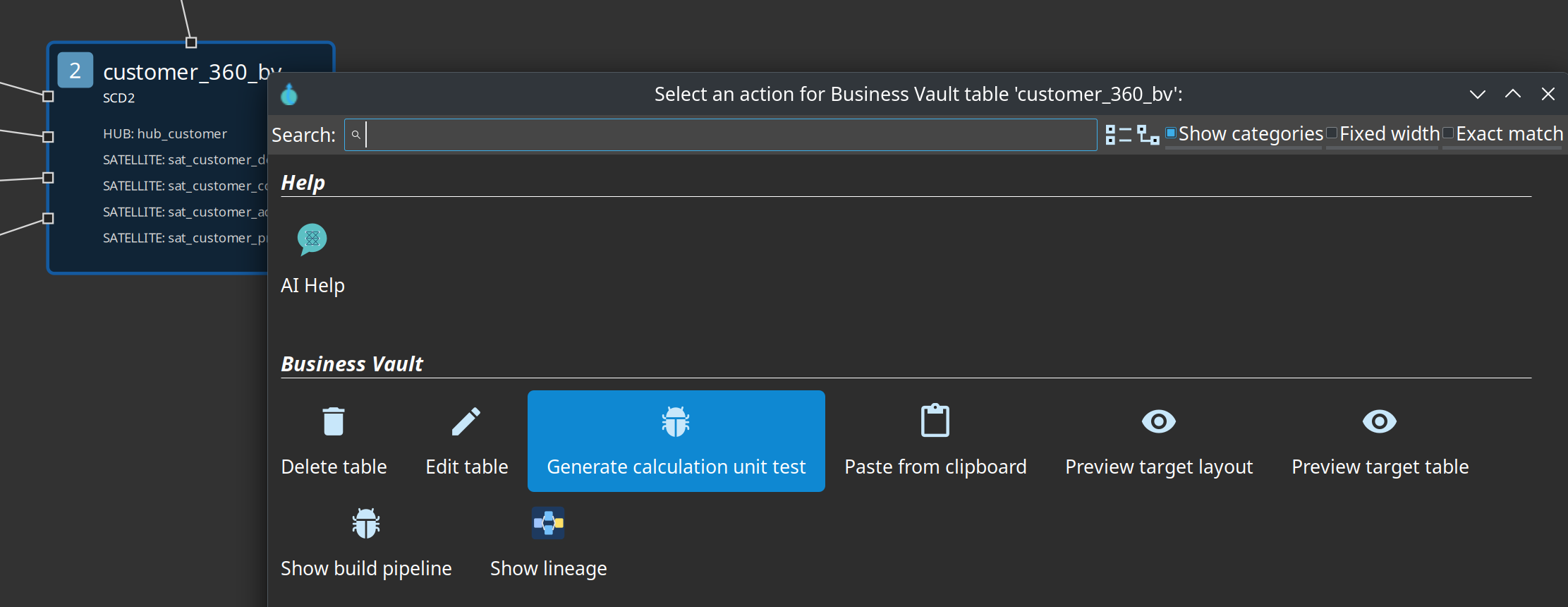 SCD2 table context menu — Generate calculation unit test on customer_360_bv