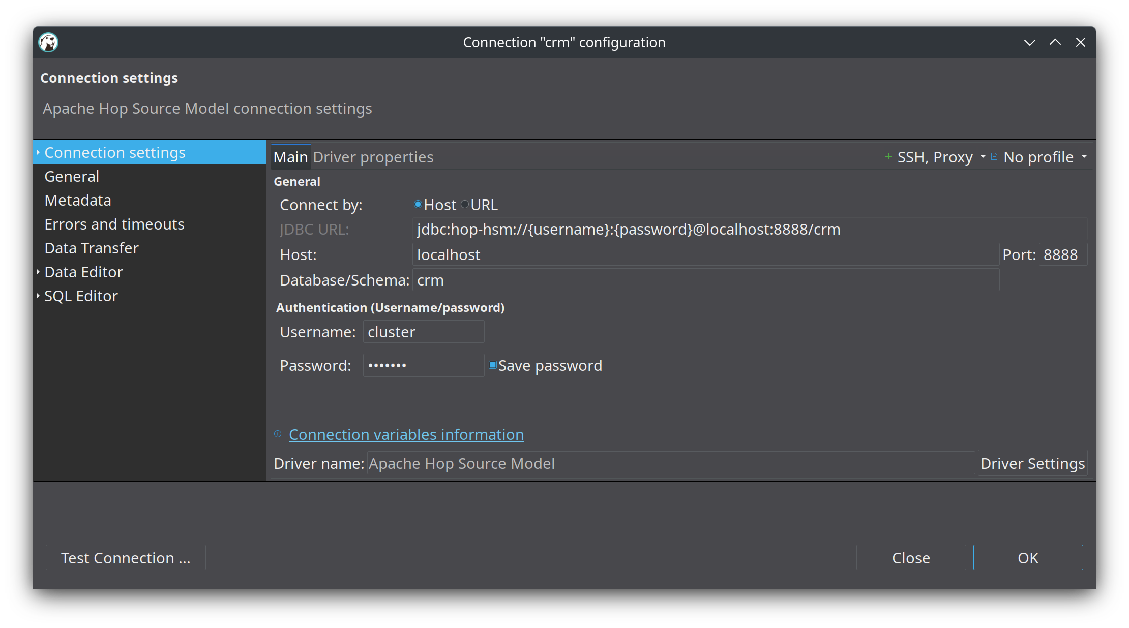 DBeaver connection settings for Hop Source Model (host