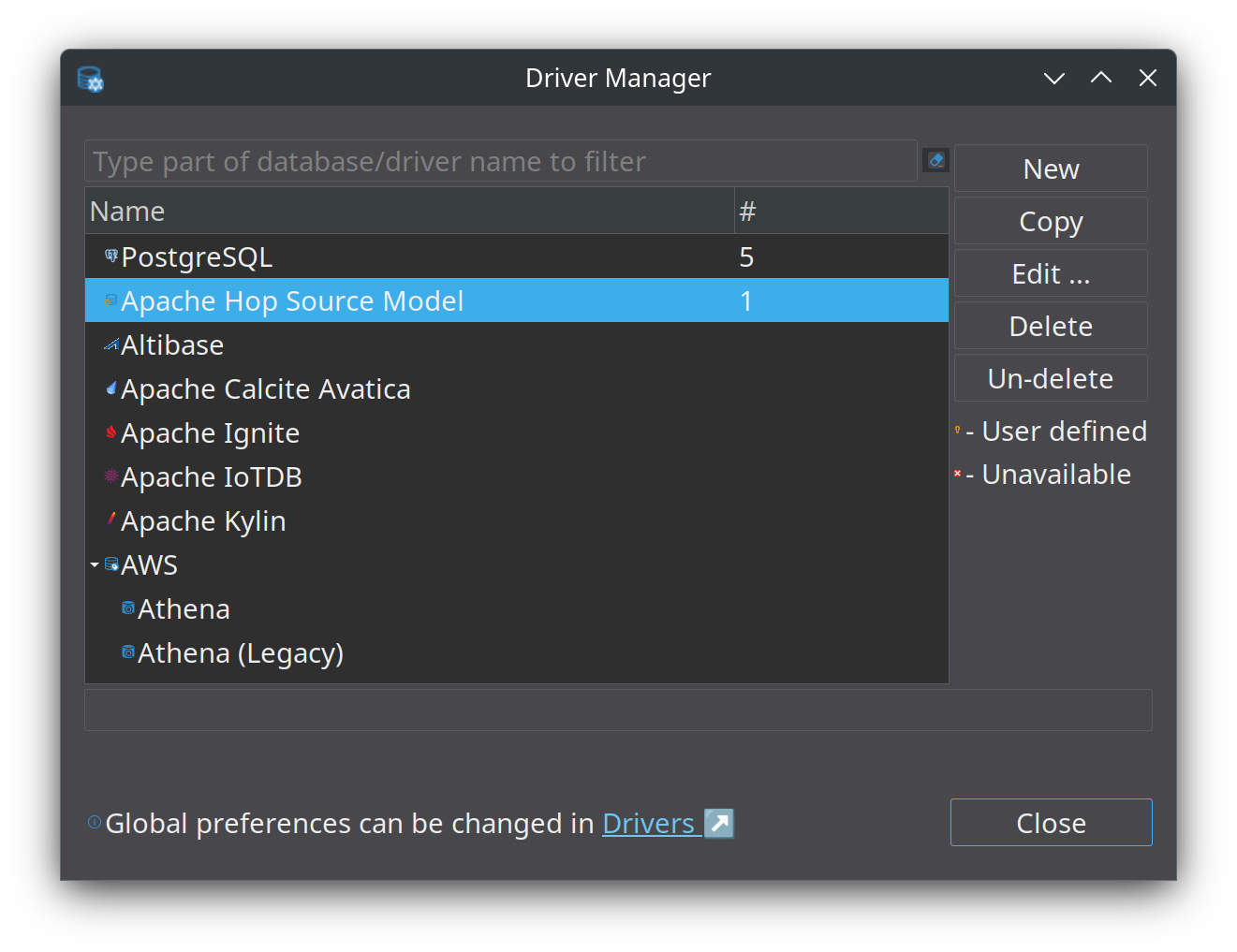 DBeaver Driver Manager listing Apache Hop Source Model