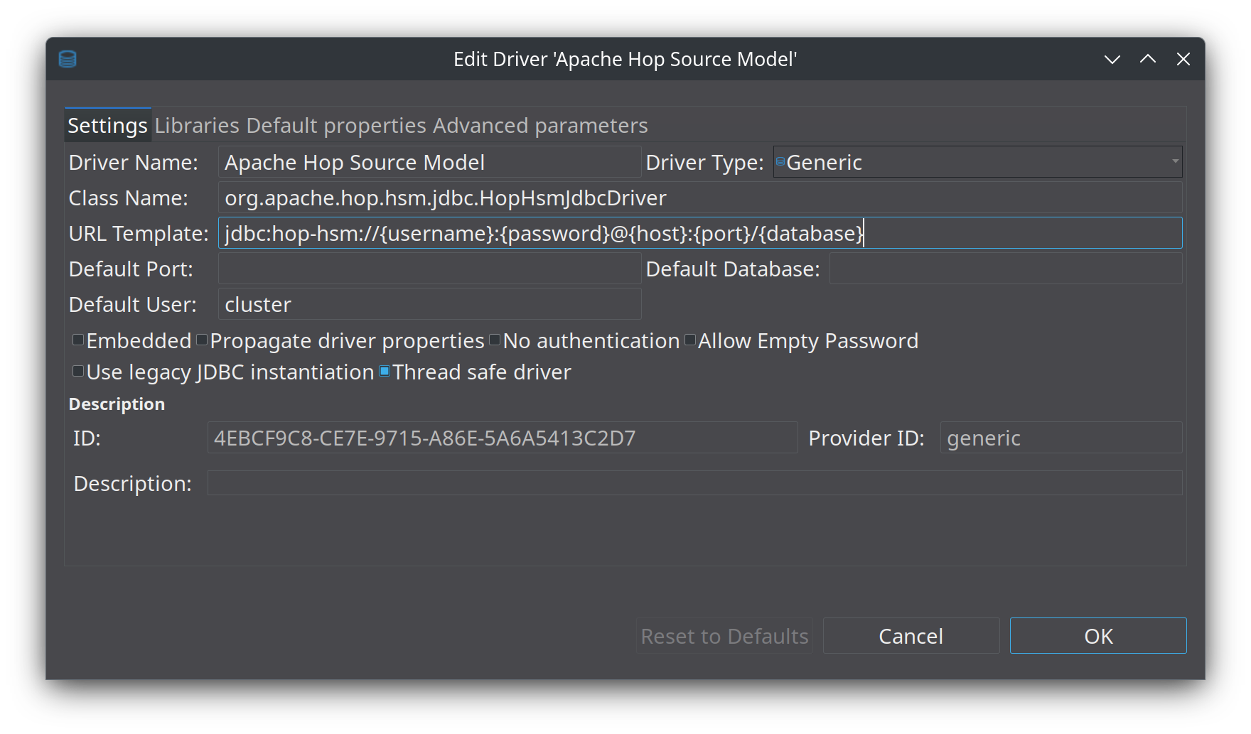 DBeaver Driver Manager settings for Apache Hop Source Model JDBC driver