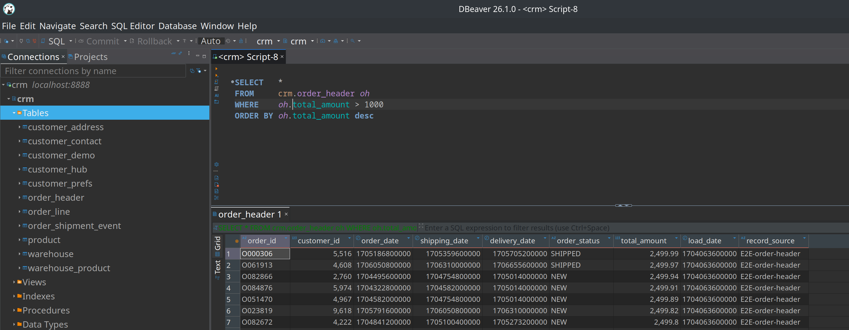 DBeaver SQL editor querying crm.order_header with result grid
