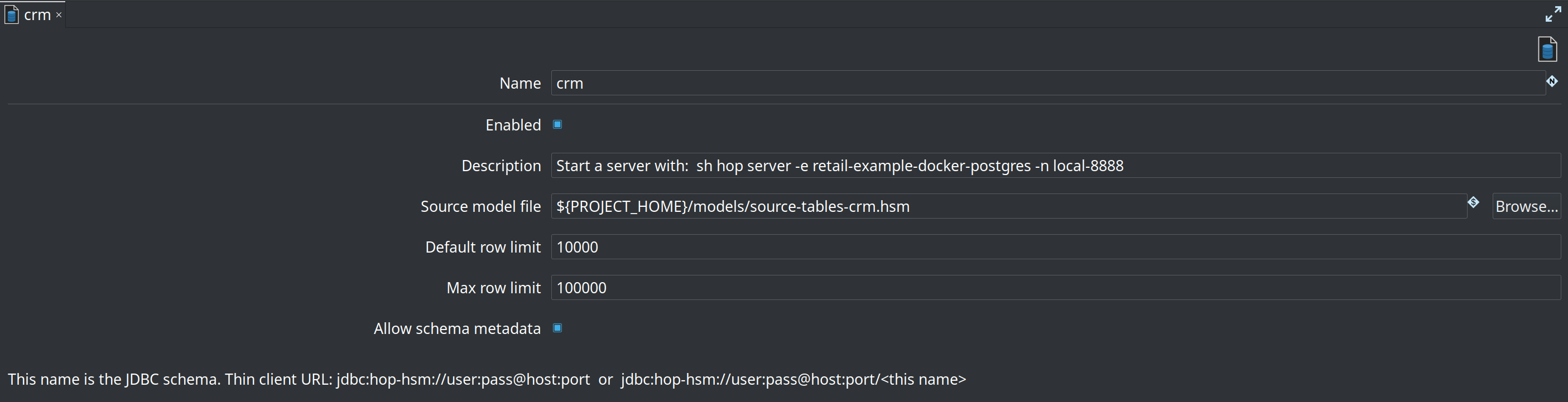 Hop metadata editor for Source model service "crm" pointing at source-tables-crm.hsm