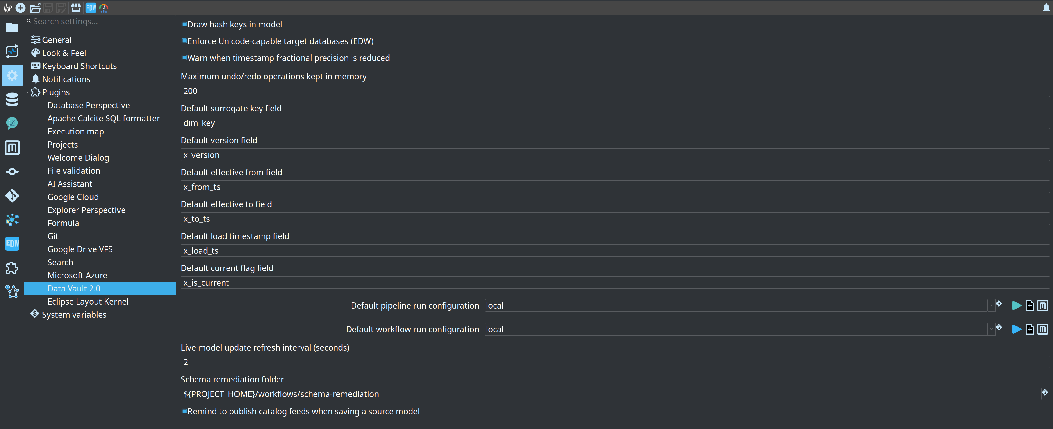 Hopper EDW options in the Hop configuration perspective