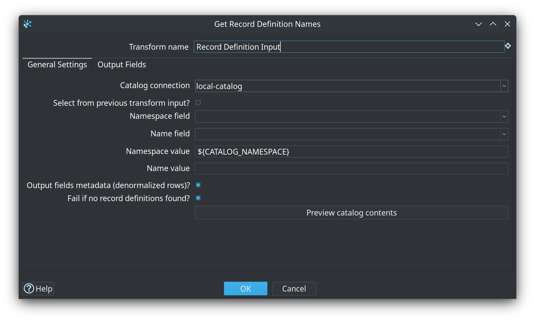 Get Record Definition Names dialog — General Settings tab
