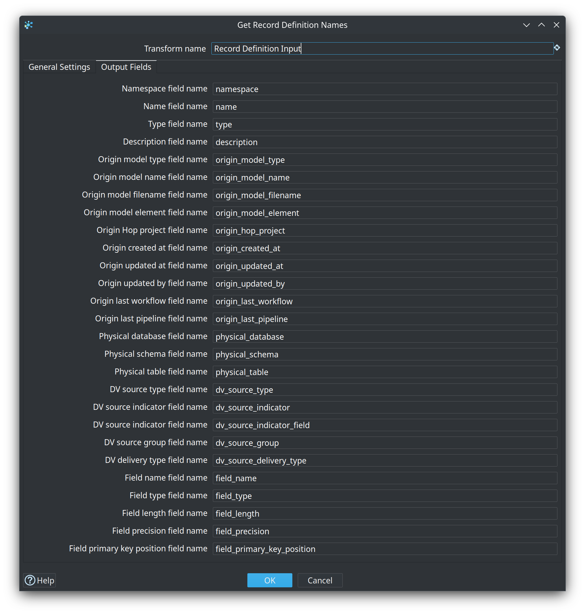 Get Record Definition Names dialog — Output Fields tab