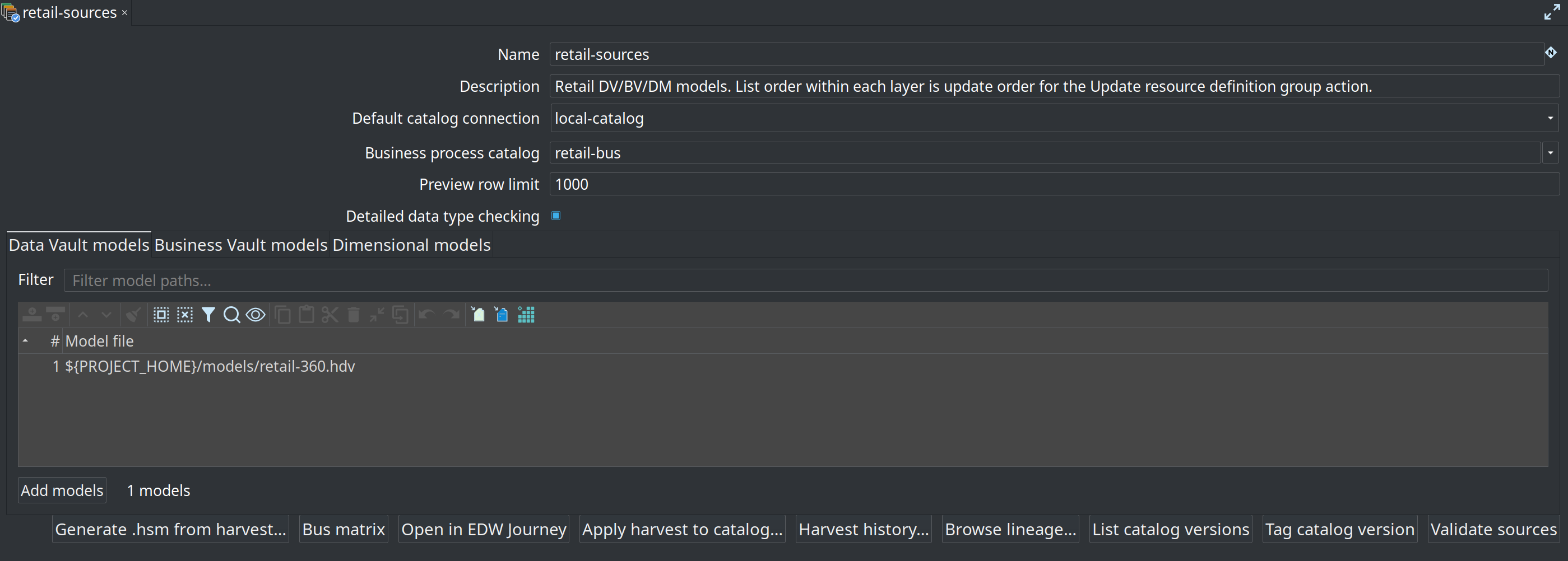 Resource definition group editor for retail-sources with harvest actions