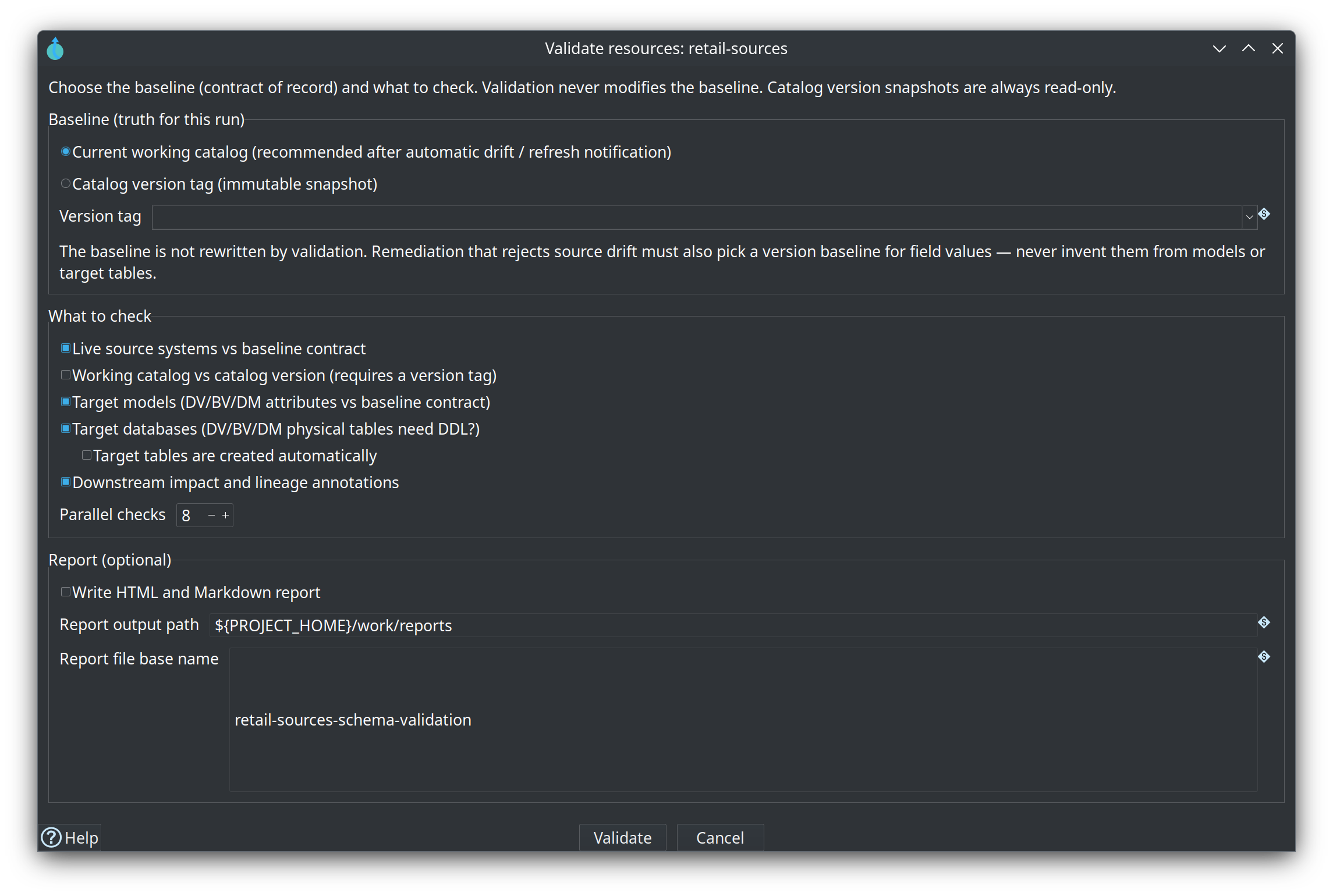 Validate sources options dialog for baseline and check axes
