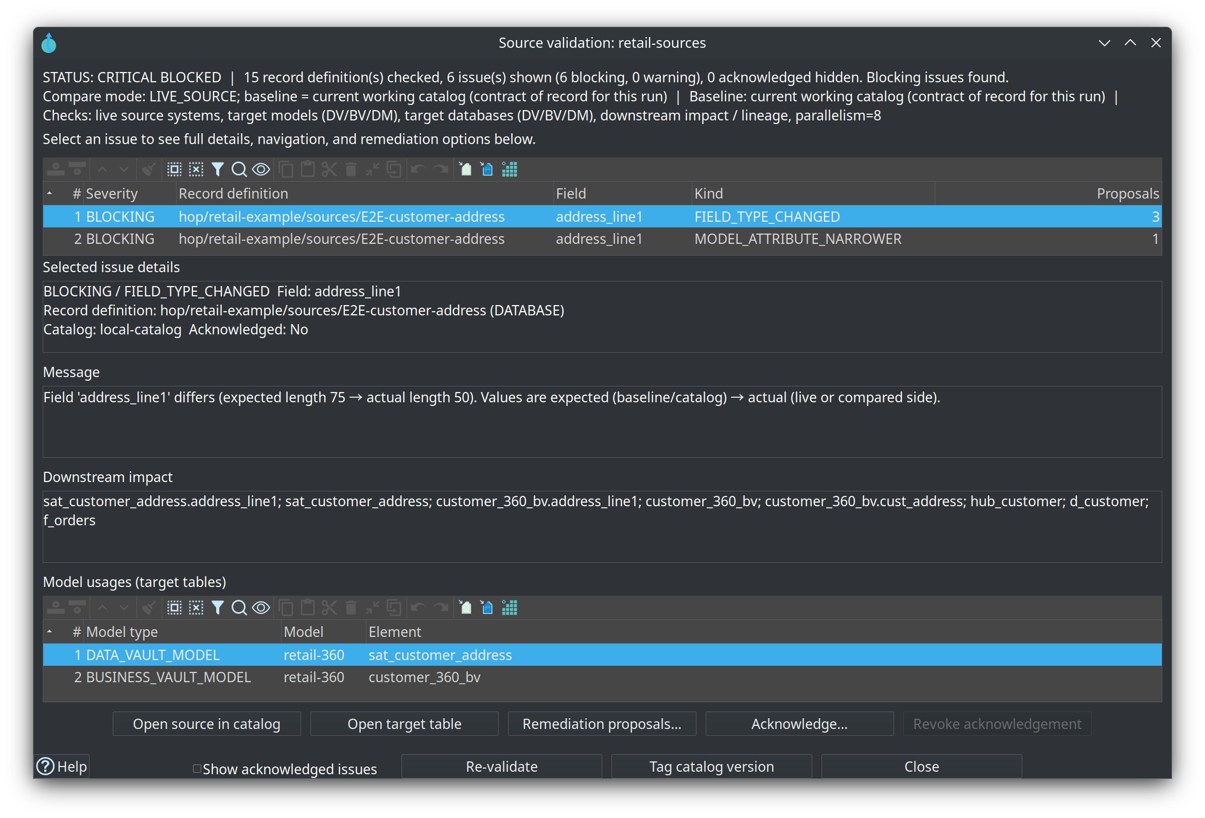 Earlier screenshot: Source validation results dialog showing CRITICAL BLOCKED and length change with downstream impact