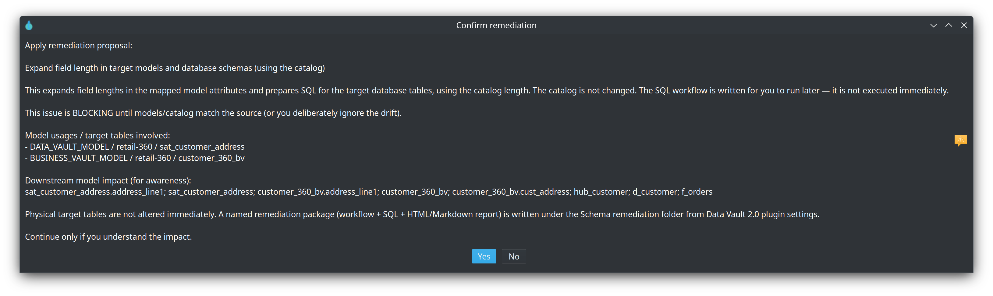 Confirm remediation dialog explaining models and SQL are updated from catalog length; catalog not changed