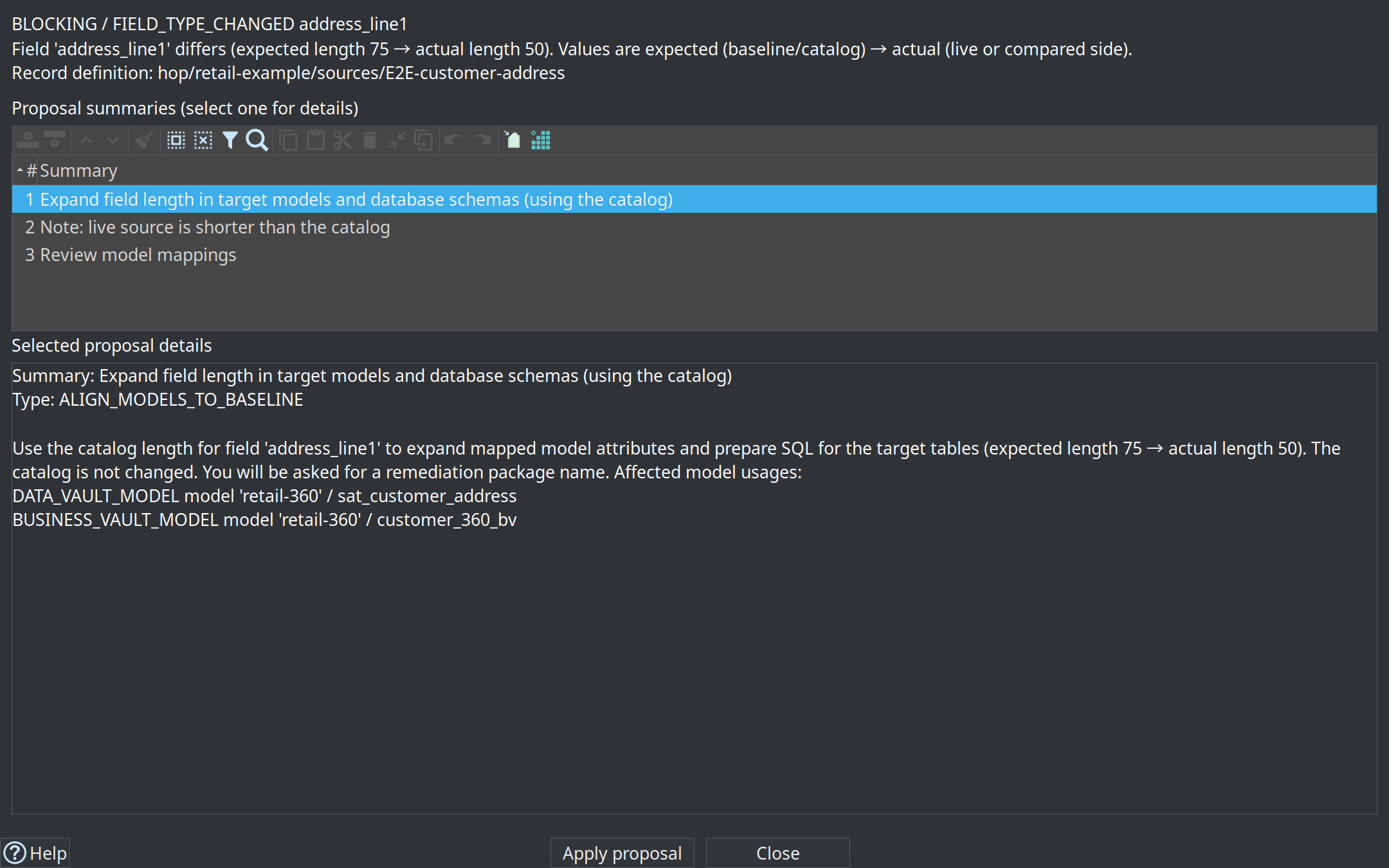 Remediation proposals dialog: expand field length in target models and database schemas using the catalog