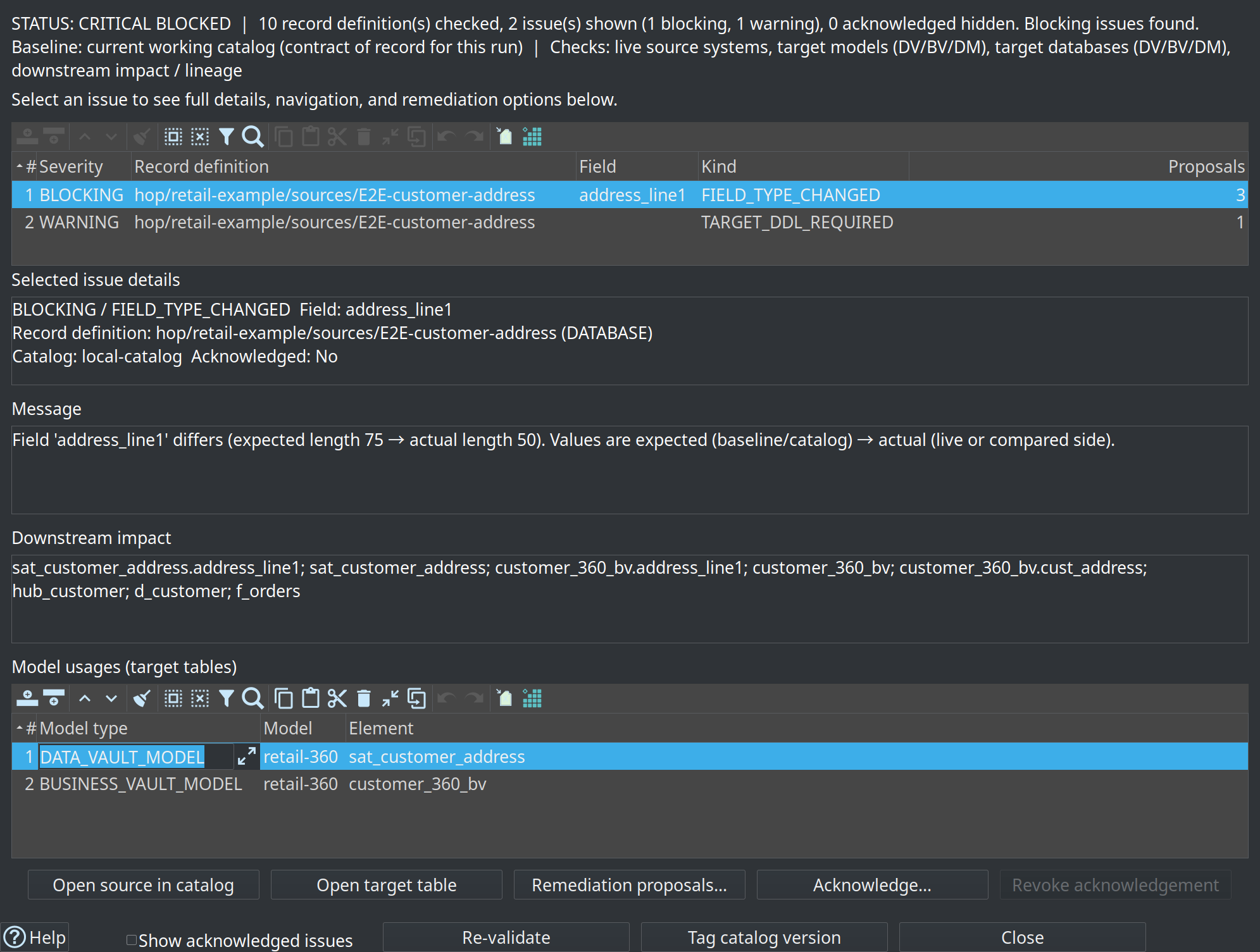 Source validation results dialog with CRITICAL BLOCKED