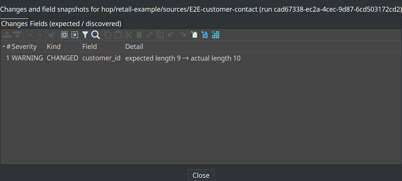 Schema harvest changes dialog: WARNING CHANGED on customer_id expected length 9 to actual length 10