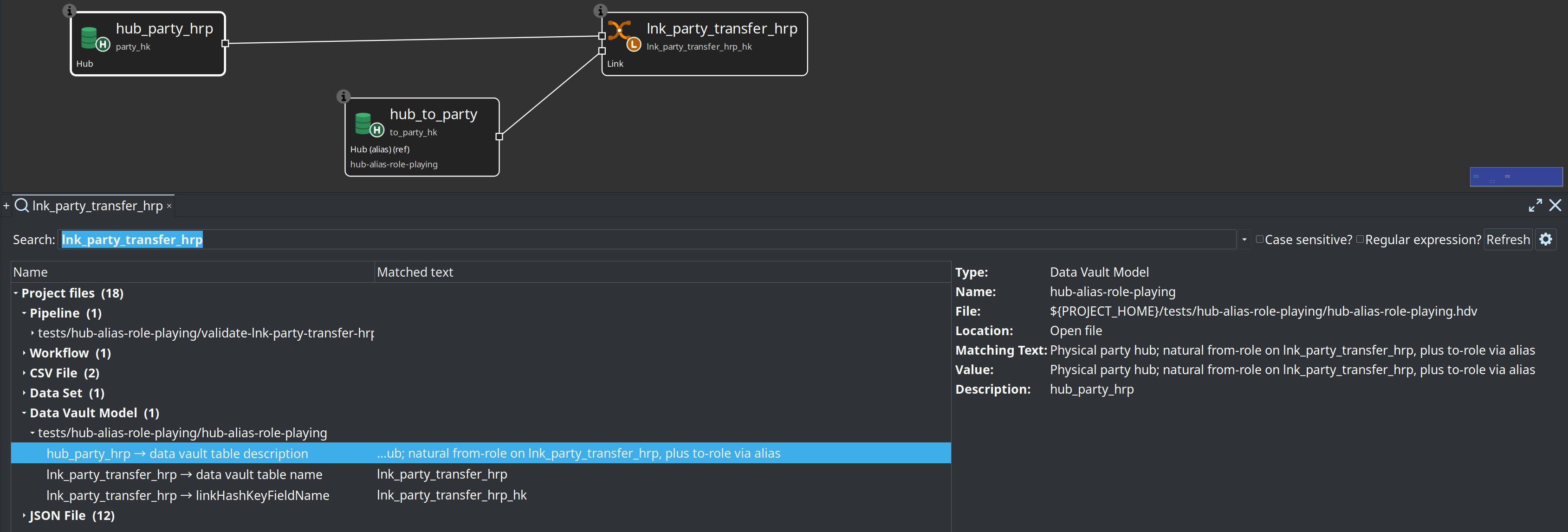 Search panel — Data Vault model match with matched text and file details