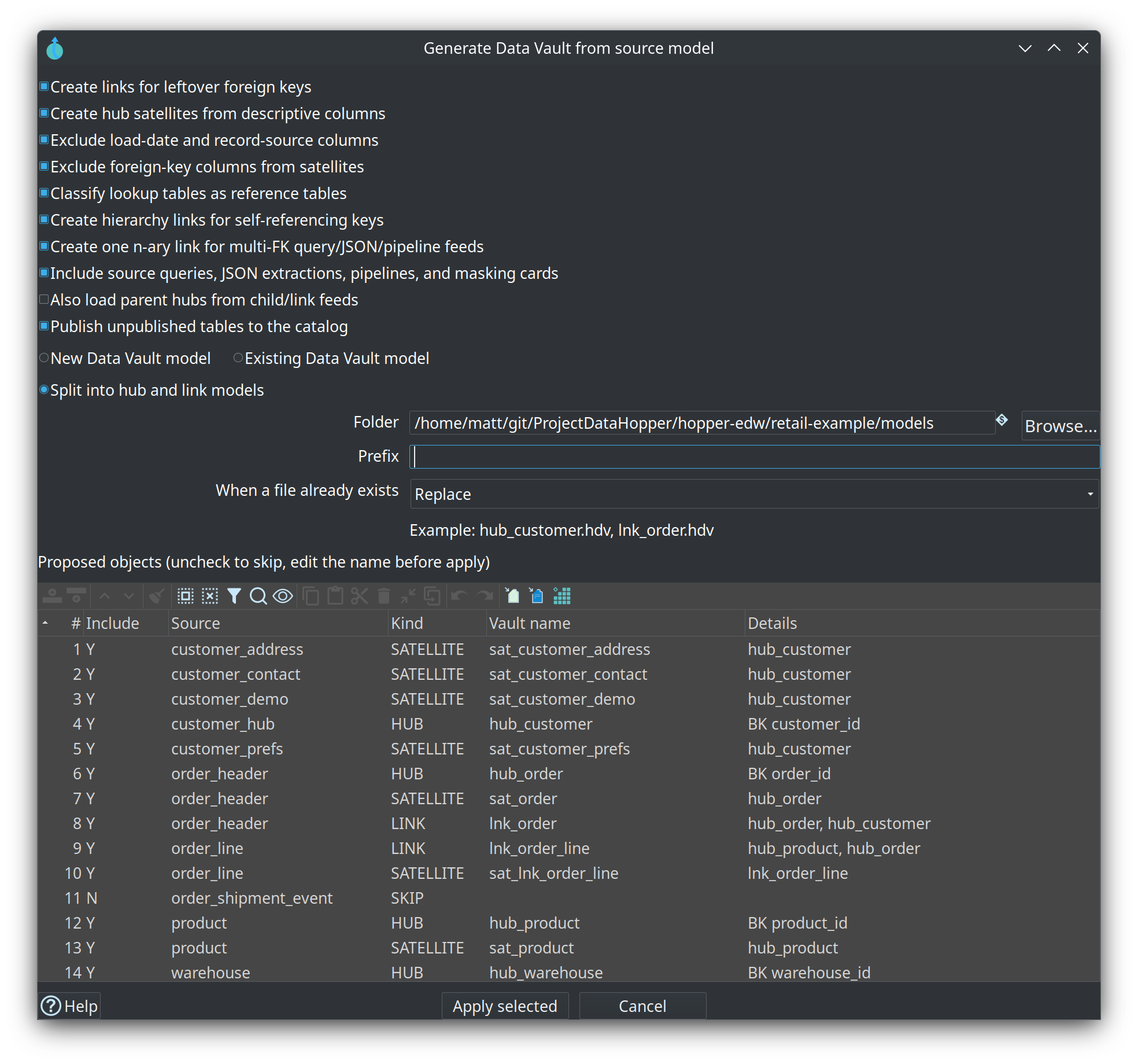 Review dialog proposing hubs