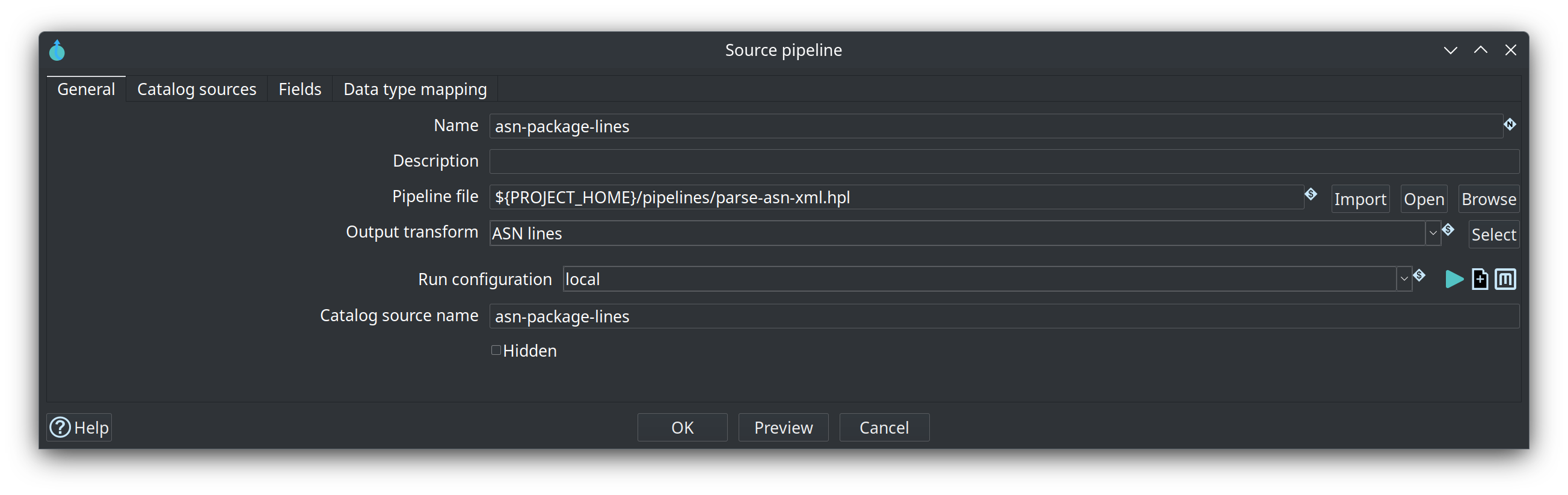 Source pipeline dialog — pipeline file