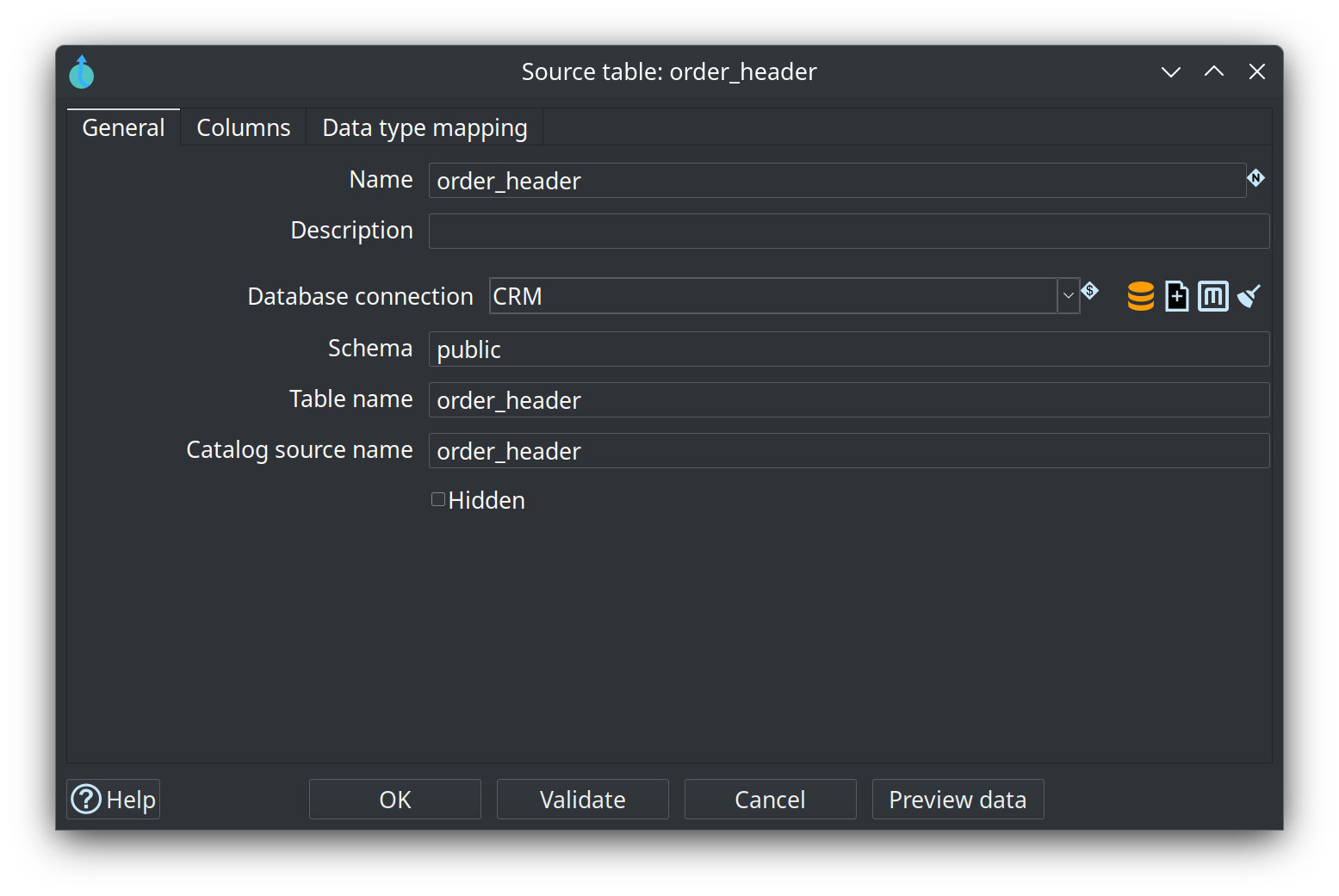 Source table dialog