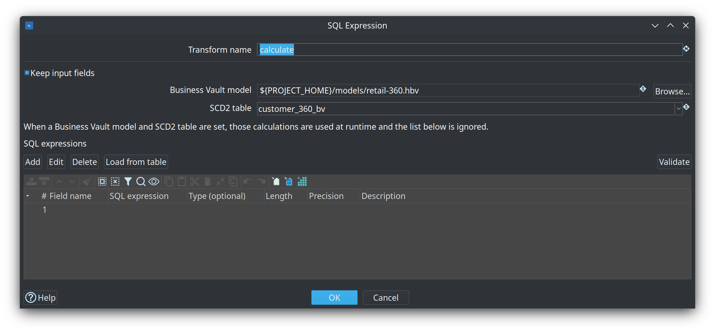 SQL Expression transform dialog — Keep input fields