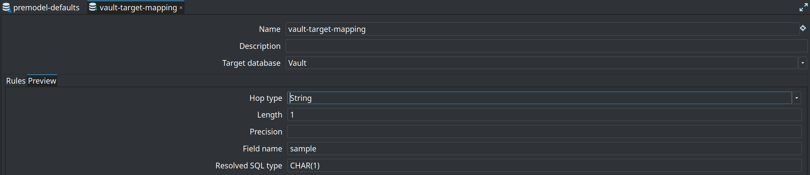 Target type mapping editor — Preview tab resolving String length 1 to CHAR(1)