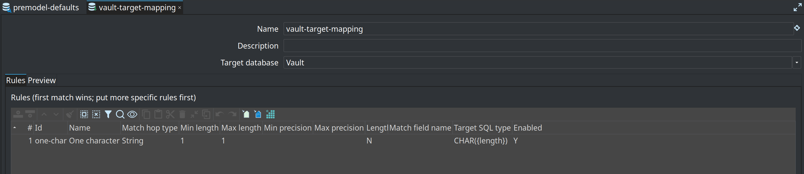 Target type mapping editor — Rules tab with match criteria and target SQL type