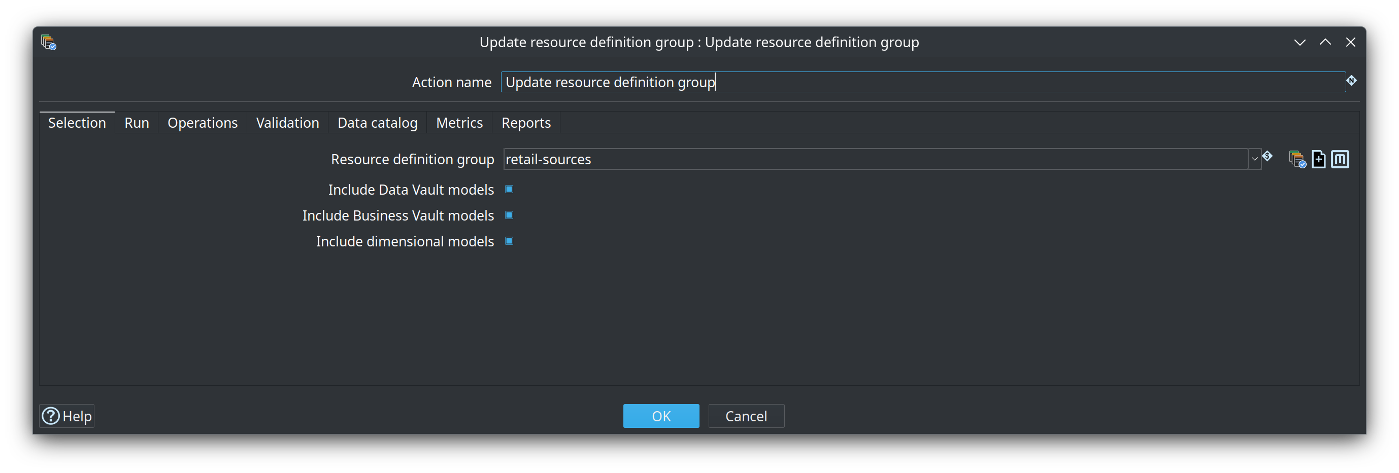 Update resource definition group action dialog — group selection and layer includes