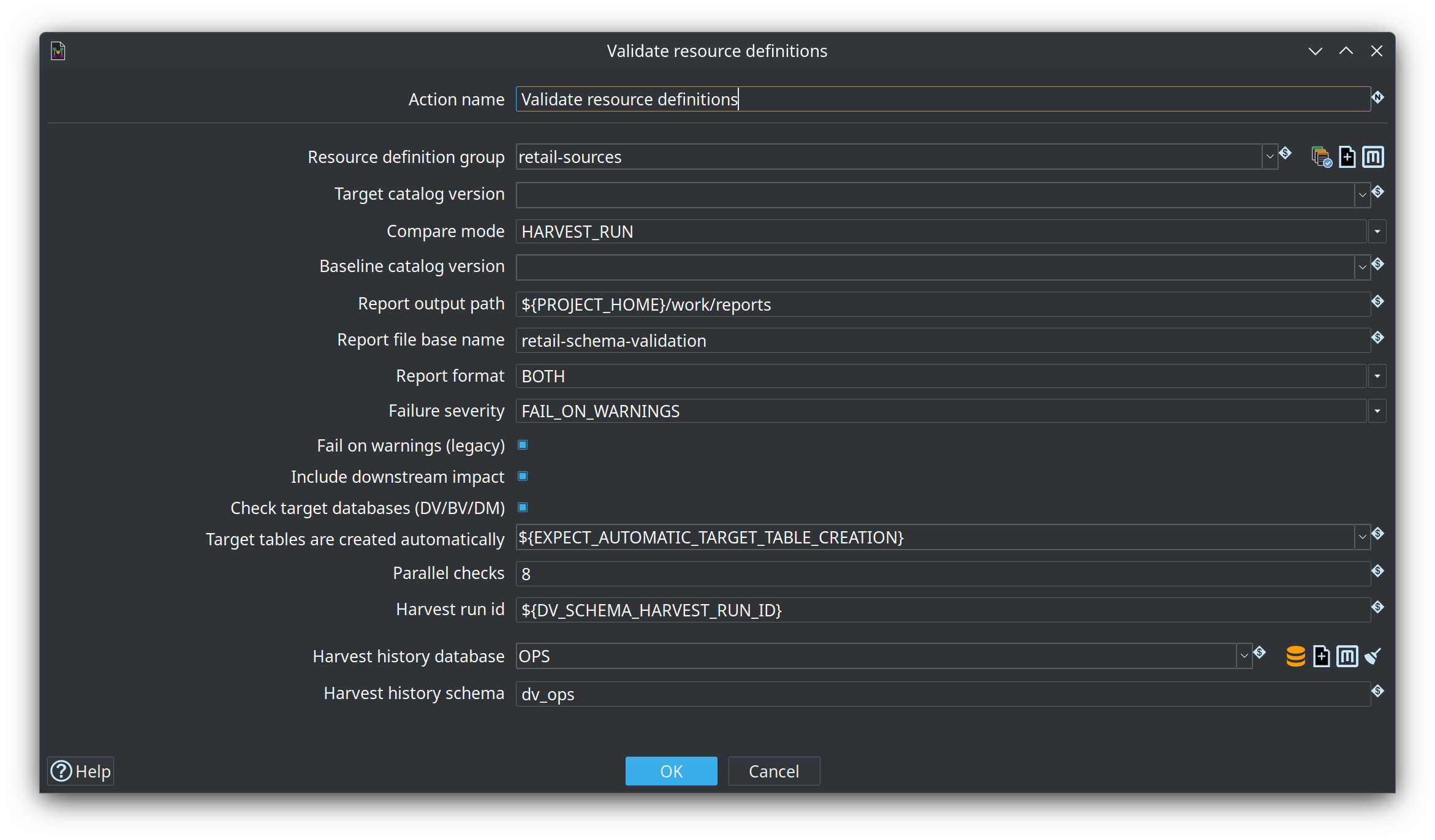 Validate resource definitions action dialog